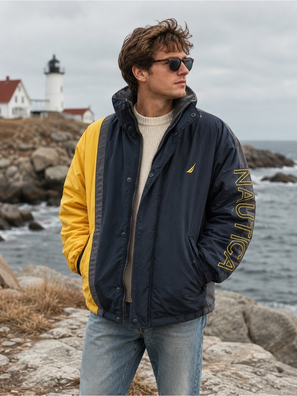 Vintage Nautica Reversible All-Weather Jacket Coat Navy/Yellow or Gray fleece M